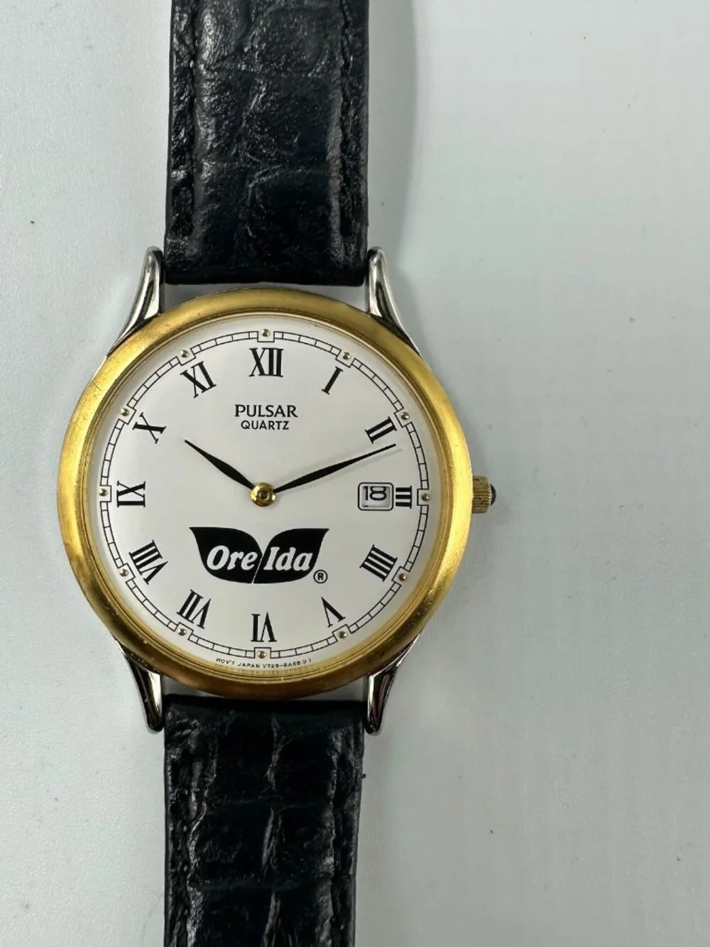 Vintage Pulsar Watch Men Gold Tone Ore Ida Logo Black Leather Band